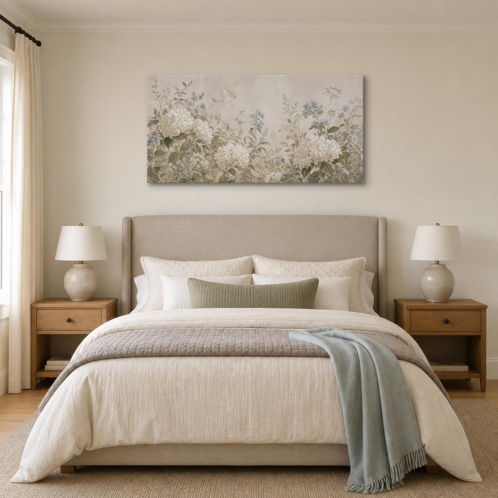 Hydrangea Floral Canvas Wall Art, Cream White and Dusty Blue Botanical Print, Large Horizontal Vintage Garden Decor