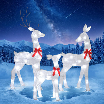 34IN 3-Piece 2.5D Lighted Christmas Deer Family Outdoor Decorations, White Pre-Lit Reindeer Set with 45 Lights
