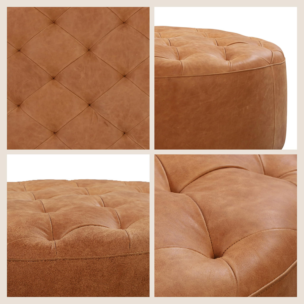 Ascot Ottoman - 40" Round Pouf with Feather-Down Topper - Full-Grain Leather Upholstered Pouf Ottoman - Vintage