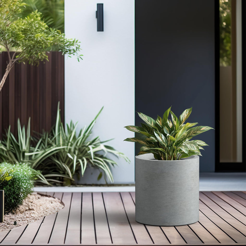 Large Round Cylinder Pale Gray Concrete Planter 15.7" Tall, Outdoor