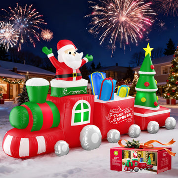 11FT Christmas Inflatable Train with Santa Claus, Gift Boxes, Christmas Trees, Built-in Lights, 2026 Yard Decor Giant