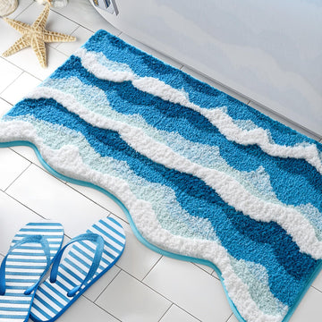 3D Ocean Wave Bathroom Rugs Beach Bath Mat Blue 21x32 Inch