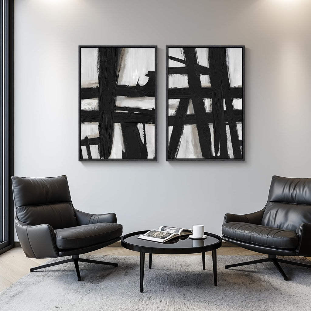 Large Framed Black White Abstract Wall Art Set of 2, 24x36