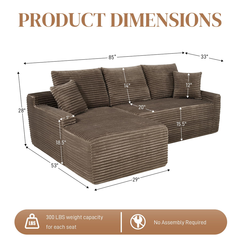 85" L Shaped Cloud Boneless Sectional Couches, Modern Comfy Modular Deep Seat Memory Foam Compressed Corduroy Sofa