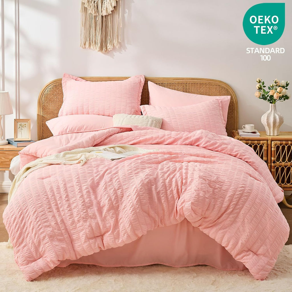 Pink Queen Comforter Set 7 Pieces, Luxury Seersucker Queen Bed Set for All Seasons