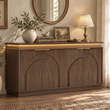 65.7" Sideboard Buffet Cabinet with Arched Fluted Doors, LED Lights
