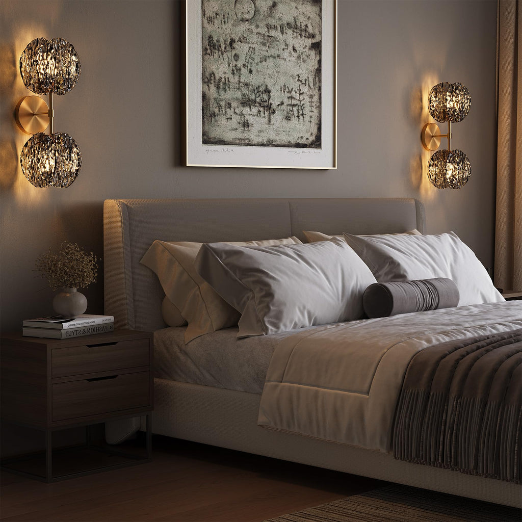 Crystal Gold Wall Sconce,Brass Modern Double Light Wall Sconce with Textured Smoke Glass Shade,Luxury