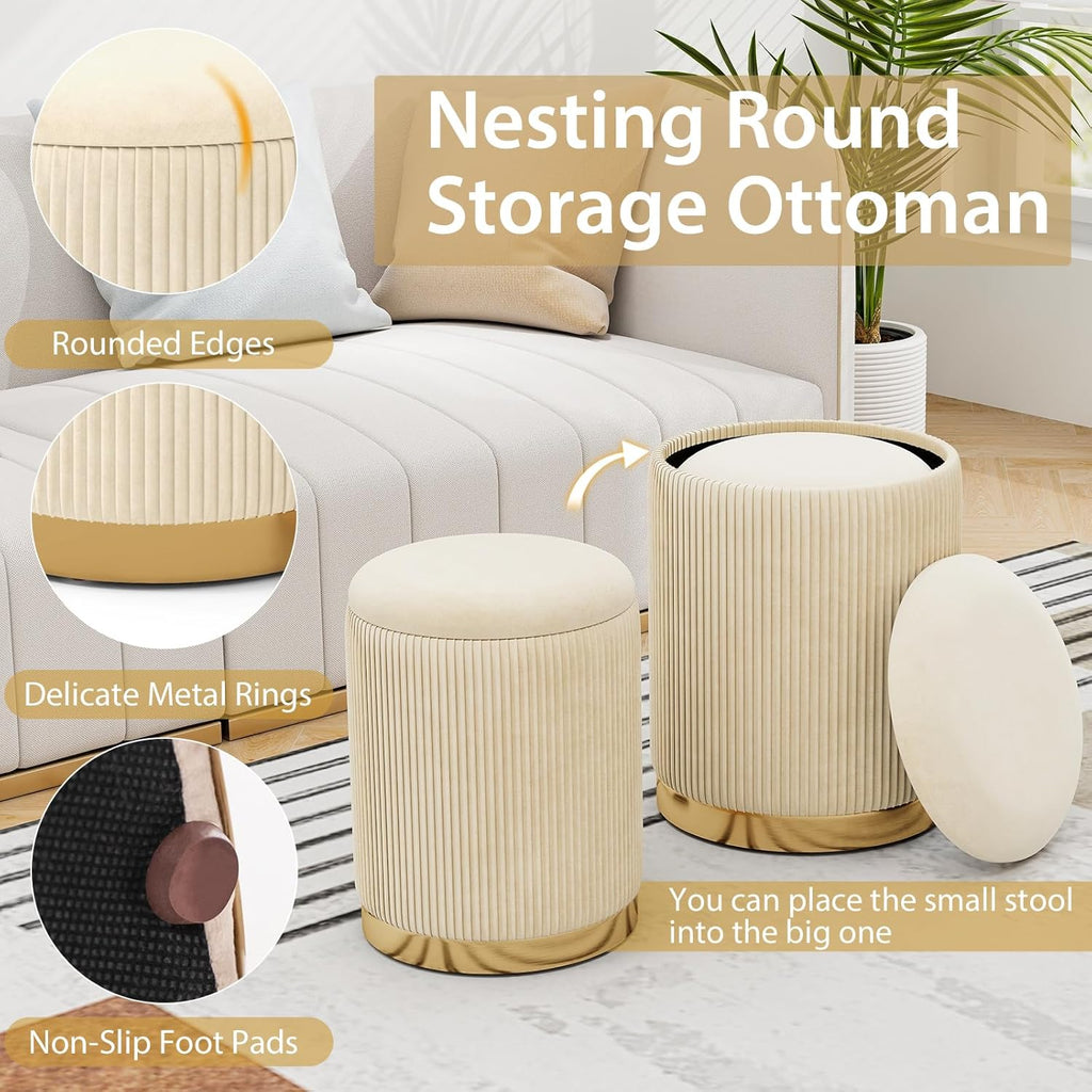 Ottoman with Storage, 1 Large & 1 Small Nesting Ottoman Side Table | Set of 2 Storage Ottomans, Upholstered