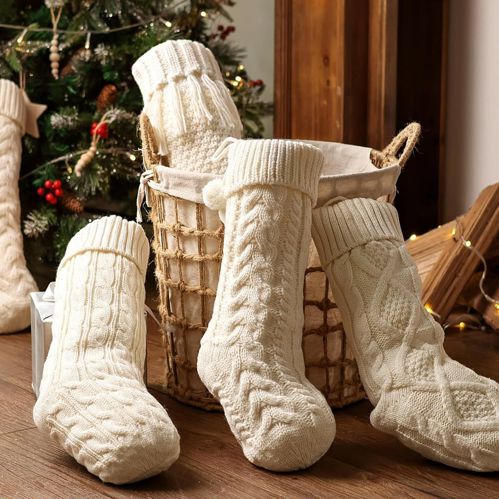 Farmhouse Knitted : 5 Pack 18 Inch Rustic Cable Knit Fireplace Cozy Hanging Xmas Stockings Boho Style Stocking - Set of 5