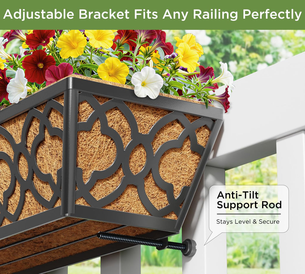 Deck Railing Planter Boxes, Adjustable Balcony Planter for Outdoor Plants, Metal Railing Planter Box for Deck, Fence