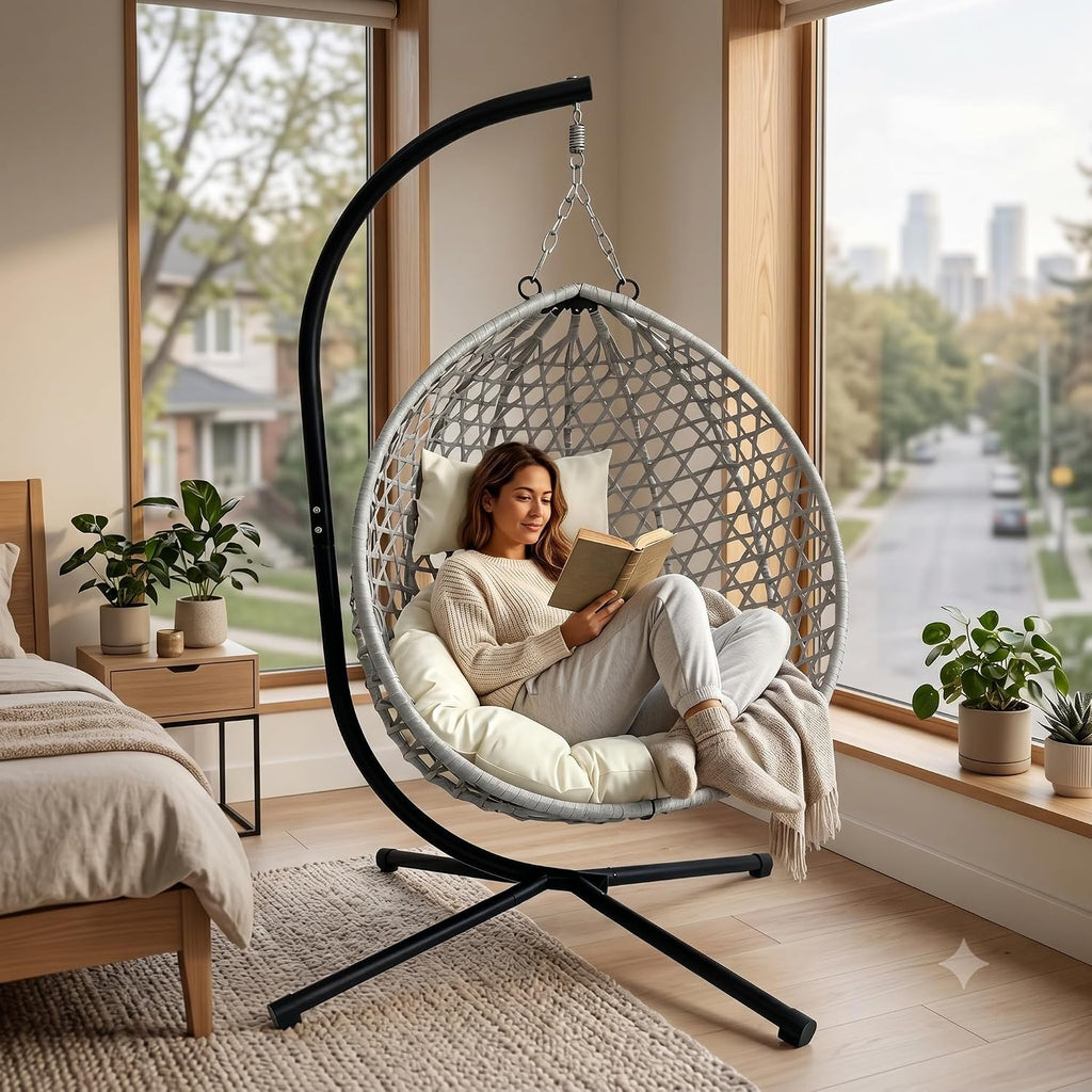 Foldable Hanging Egg Chair with Stand, Outdoor Patio Indoor Swing Chair with Cloud Cushion, Anti-Rust Heavy Duty