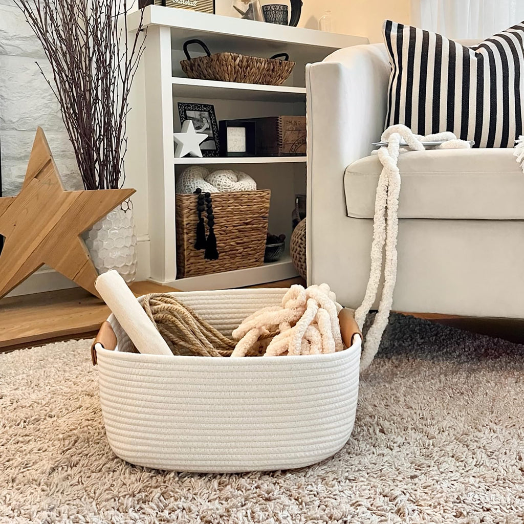 Large Woven Rope Gift Basket with Leather Handles, 20L, White