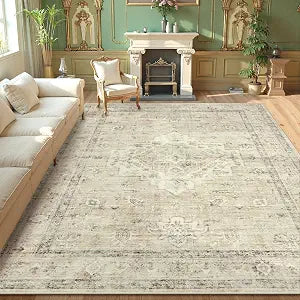 Washable Area Rug 9x12 Rugs Bedroom, Non-Slip Boho Neutral Carpet Office, Low-Pile Farmhouse Soft Carpets for Kids