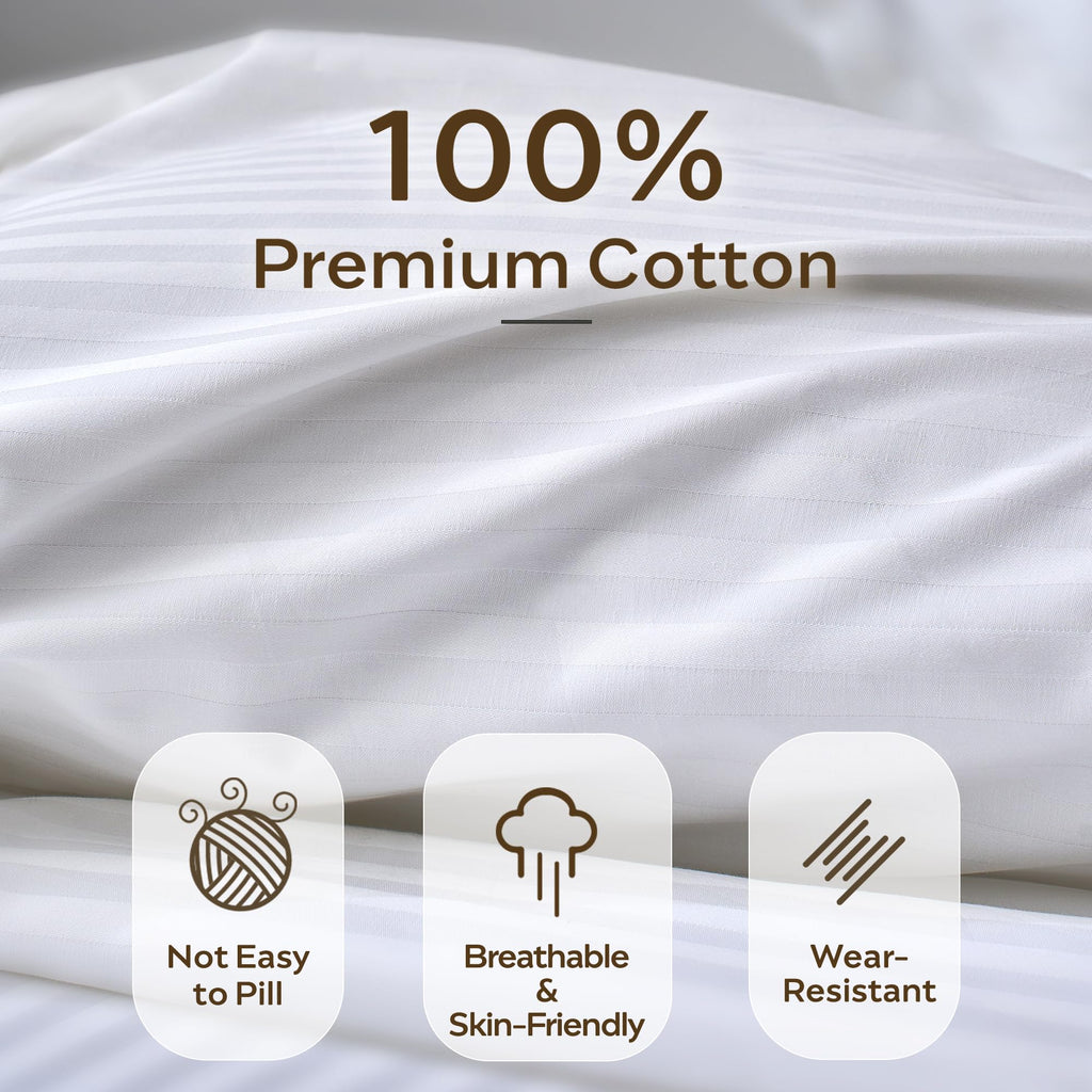 100% Cotton Sateen Striped Duvet Cover Set, White
