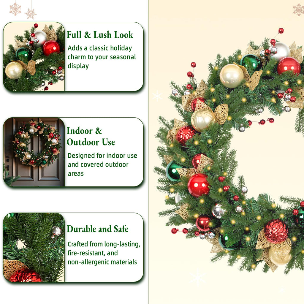 24 Inch Pre-Lit Christmas Wreath with 30 Warm White LED Lights and Timer, Battery Operated Artificial PE & PVC Wreath