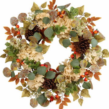 22 in Fall Hydrangea Wreath with Eucalyptus, Pinecones Orange Berries Perfect Autumn Door Wreath for Thanksgiving