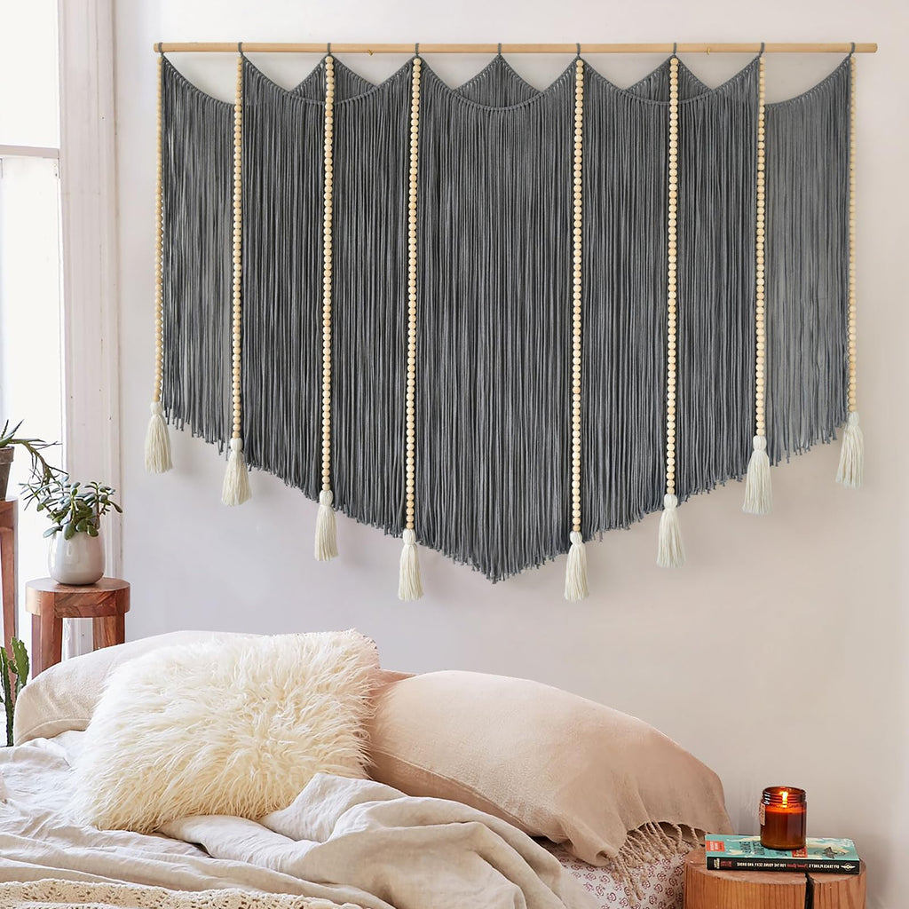 Macrame Wall Hanging Grey Woven Yarn Large Boho Wall Art 57" x 43"