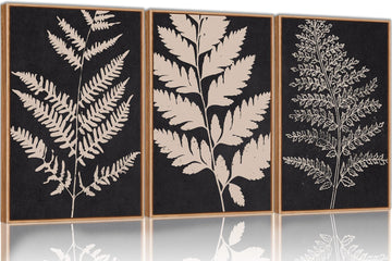 Vintage Black Tan Fern Leaf Wall Art, Nature Minimalis Leaves Framed Canvas Art Print Set of 3, Modern Fern