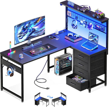 43" L Shaped Gaming Desk with Shelf & 4 Drawers, Black Carbon Fiber | Compact corner computer table. Reversible study