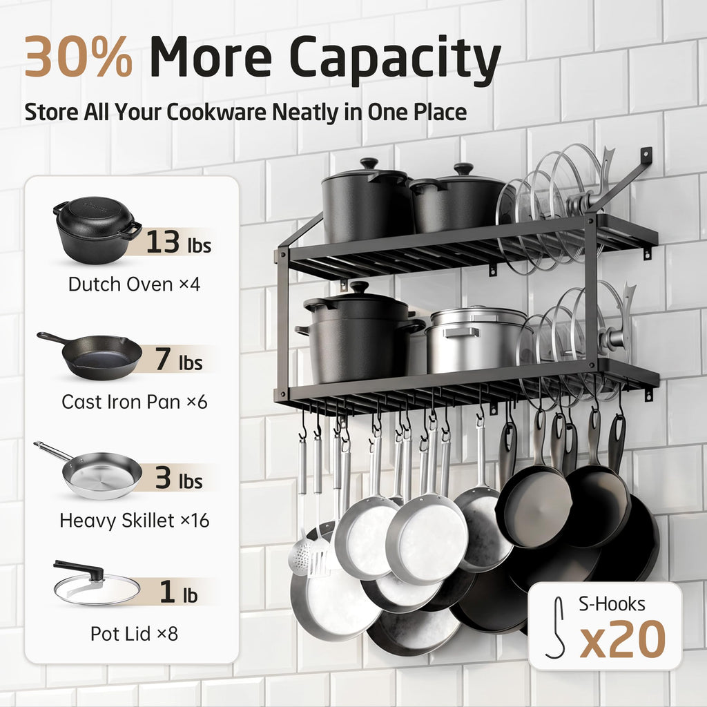 150 lb High-Capacity Pot Rack Wall Mounted with Pot Lid Holder, 34 Inch Heavy-Duty Pots and Pans Hanging Rack with 20