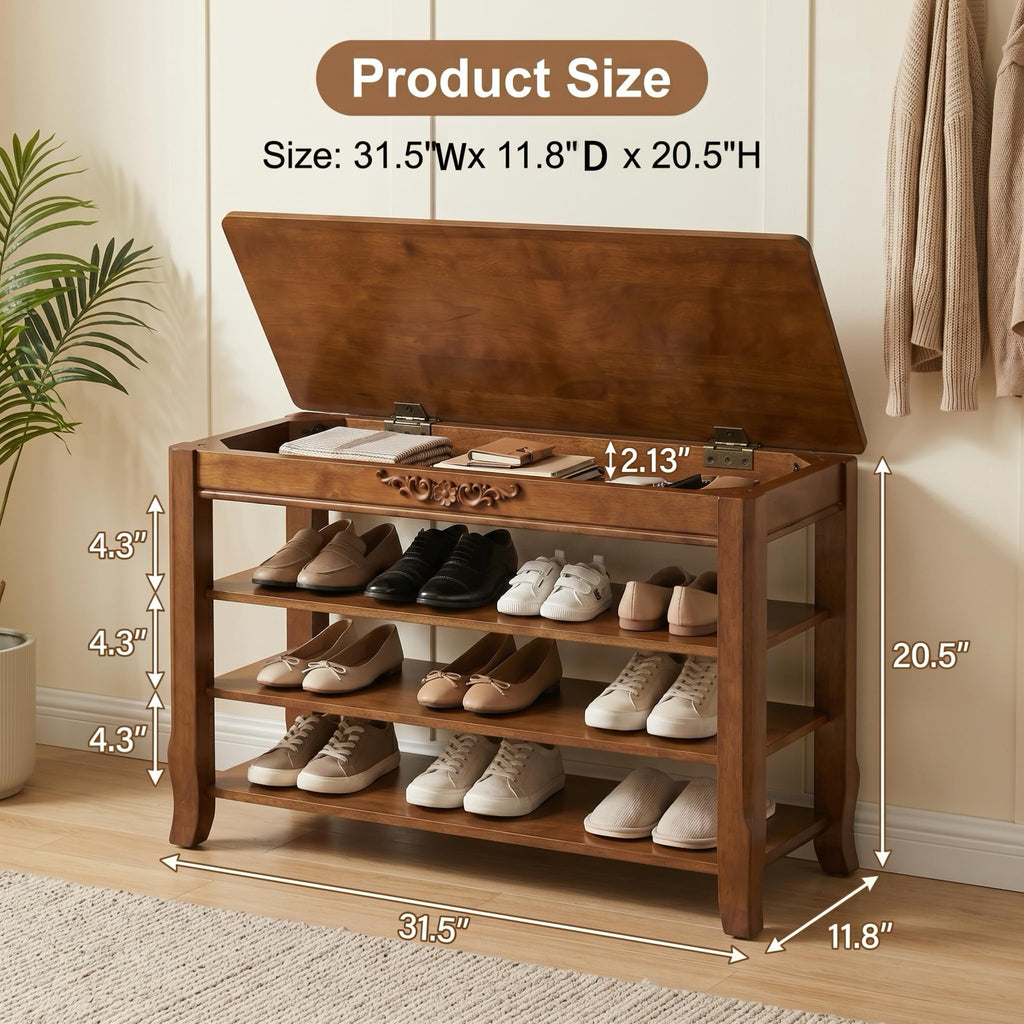 Shoe Rack Bench with Storage 3 Tier Solid Wood Entryway Shoe Rack 31.5"