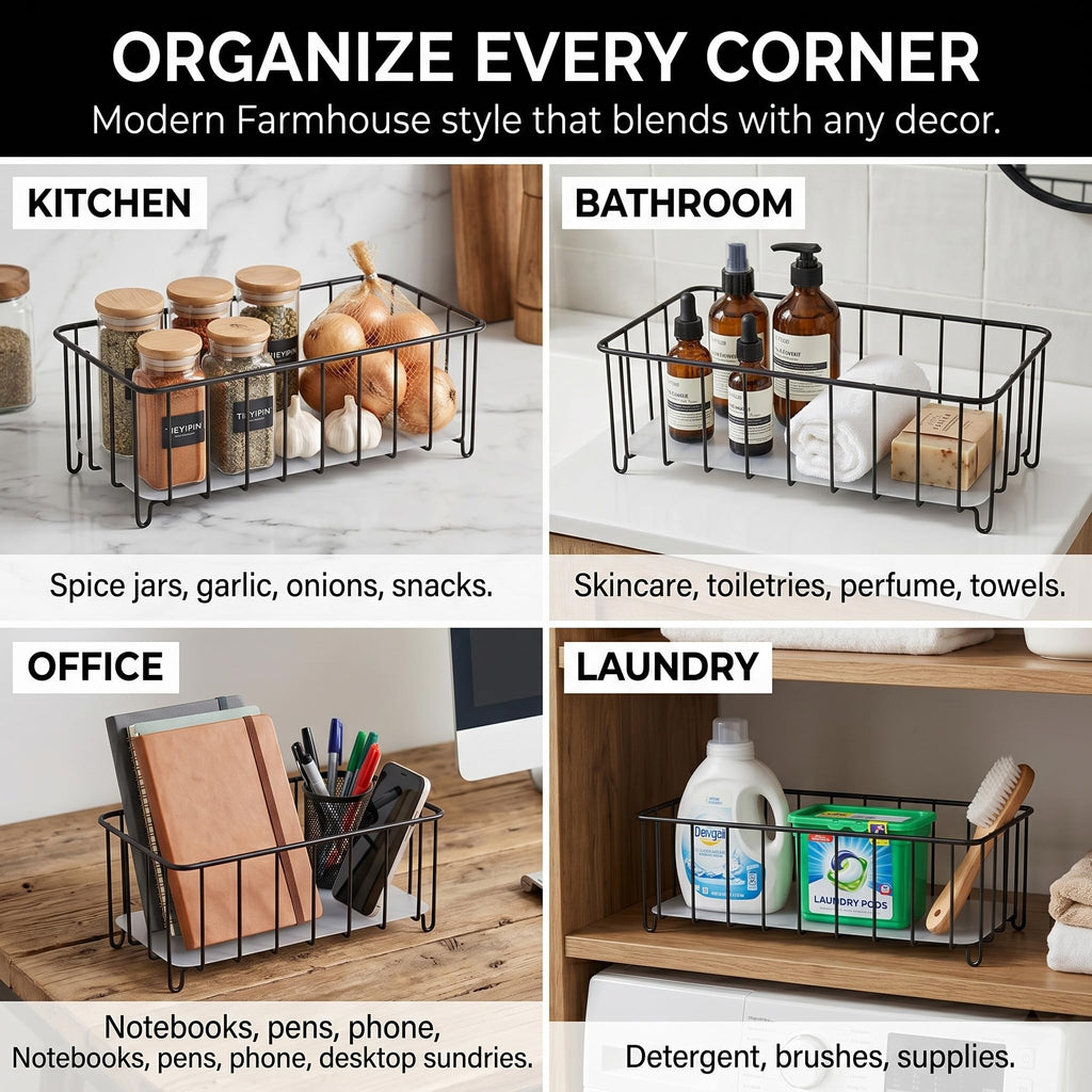 Farmhouse Decor Small Metal Wire Storage Organizer Basket Bins - Black (Set of 3), Black(Style 2)
