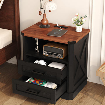 23.62" Tall Farmhouse Nightstand, Rustic Wooden Night Stand with Charging Station, Beside Table with Drawers and Open