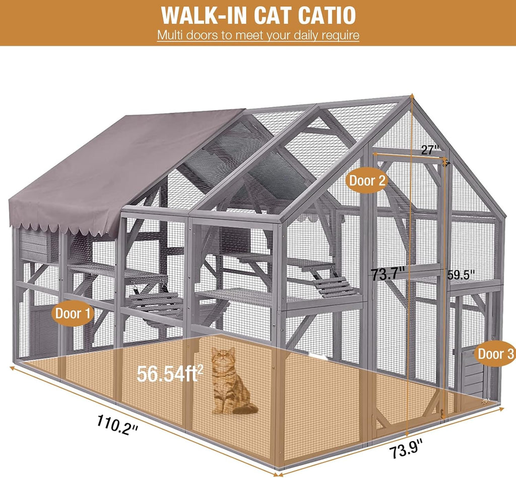 Catio Outdoor Cat House Cat Enclosures 110" Large Kitten Playpen with Platforms, Upgrade Waterproof Cover