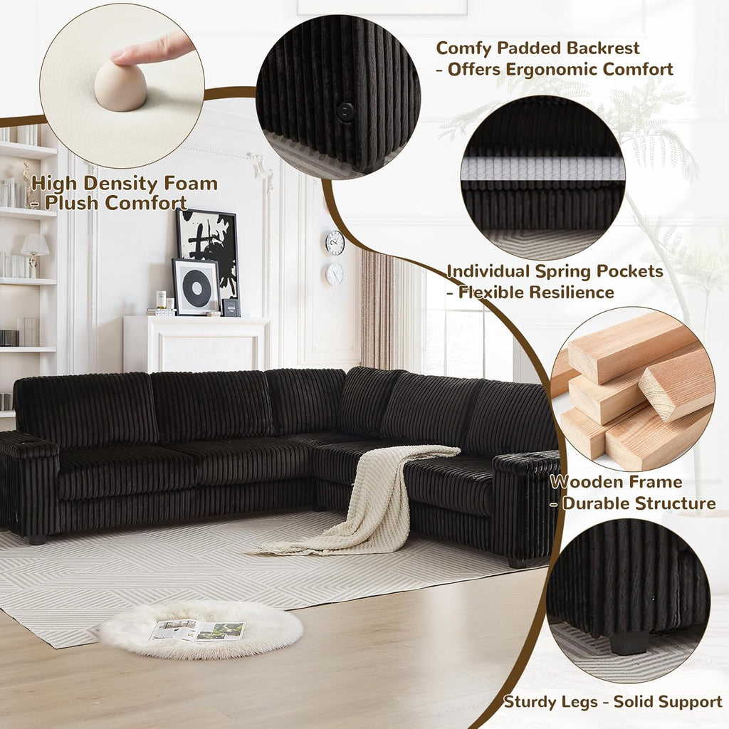 Black Sectional Couches for Living Room, Oversized Corduroy Couch, Sectional Corner Sofa with Cup Holders & USB