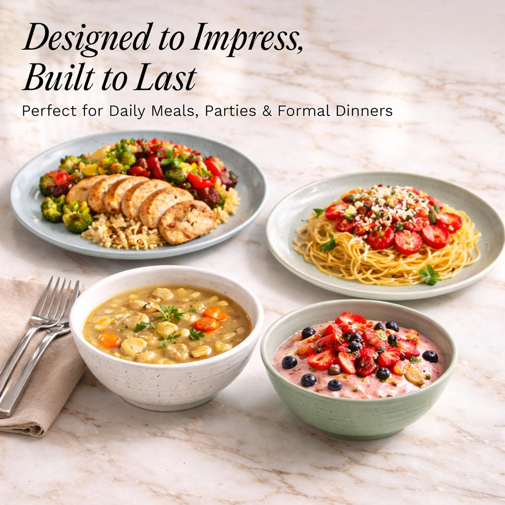 Siterra Artist's Blend 16-Piece Stoneware Dinnerware Set for 4, Green, Cream & White Glossy Dishes with Speckles