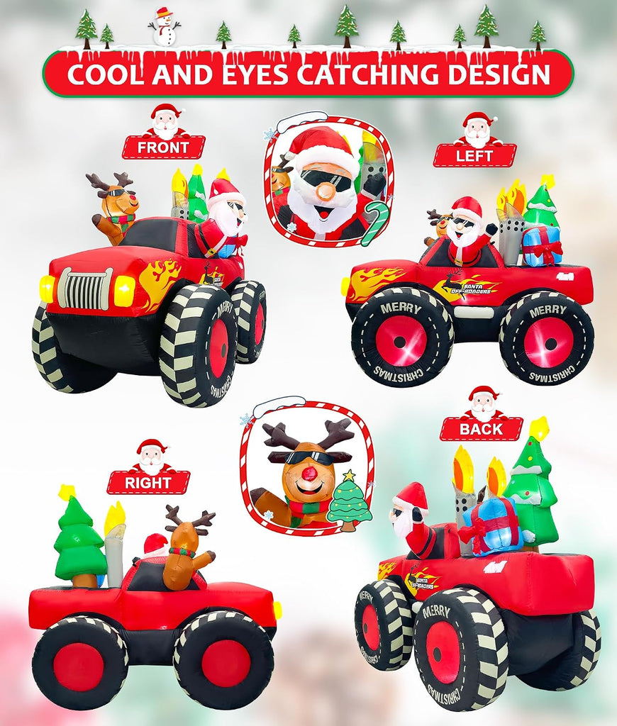 7FT Christmas Inflatable Outdoor Decoration, Inflatable Santa Claus & Reindeer on Monster Truck, Blow Up Yard