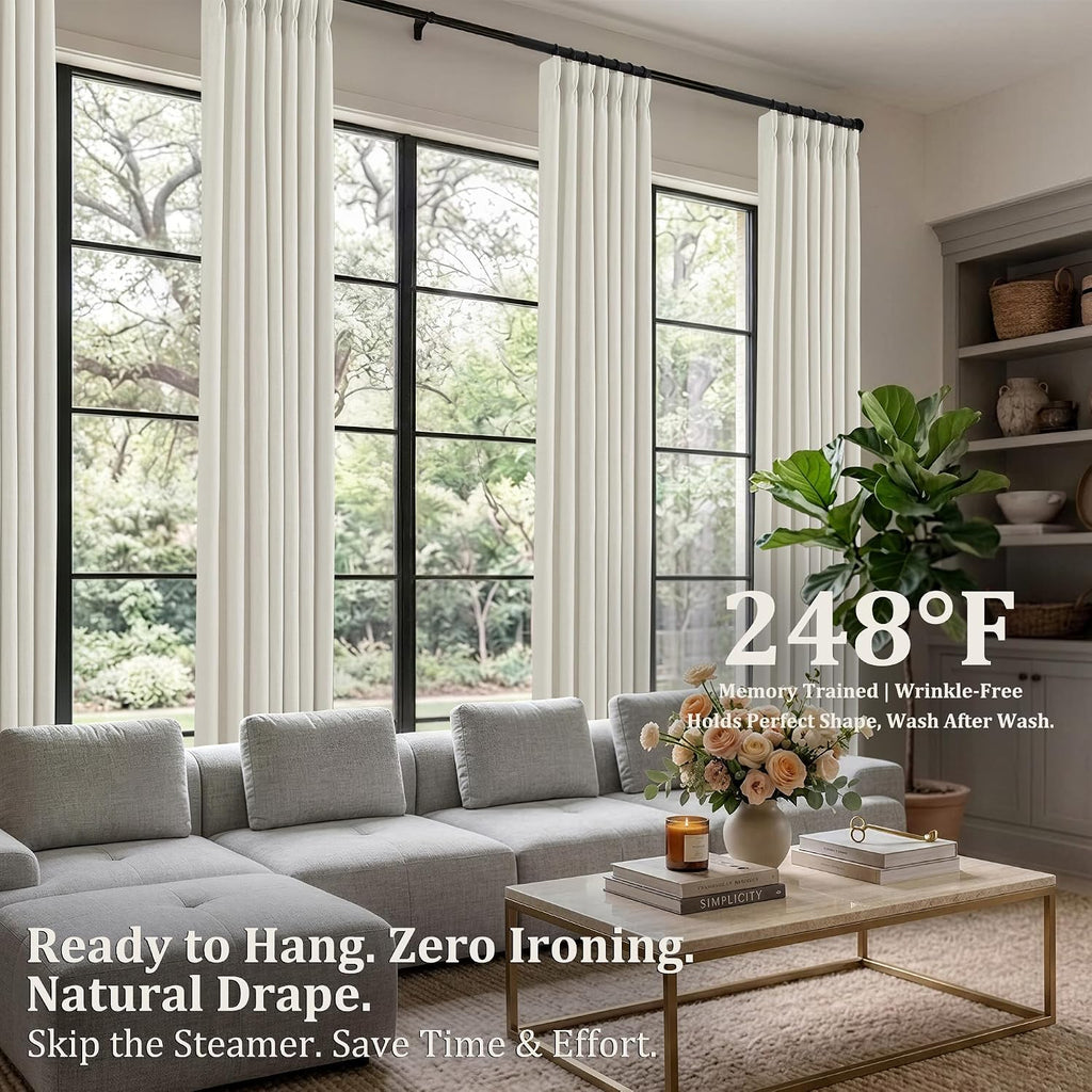 Pinch Pleated Linen Curtains 96 Inch, 2 Panels Premium 400GSM Memory Trained Semi Sheer Light Filtering Window Drapes