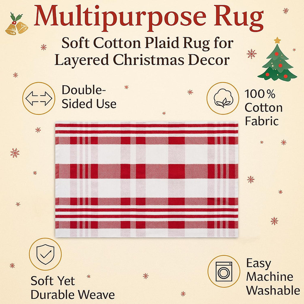 Christmas Door Mat Combo Set - 100% Coco Coir Welcome Mat + 28 x 43 Inch Red and White Diagonal Plaid Rug, New Year