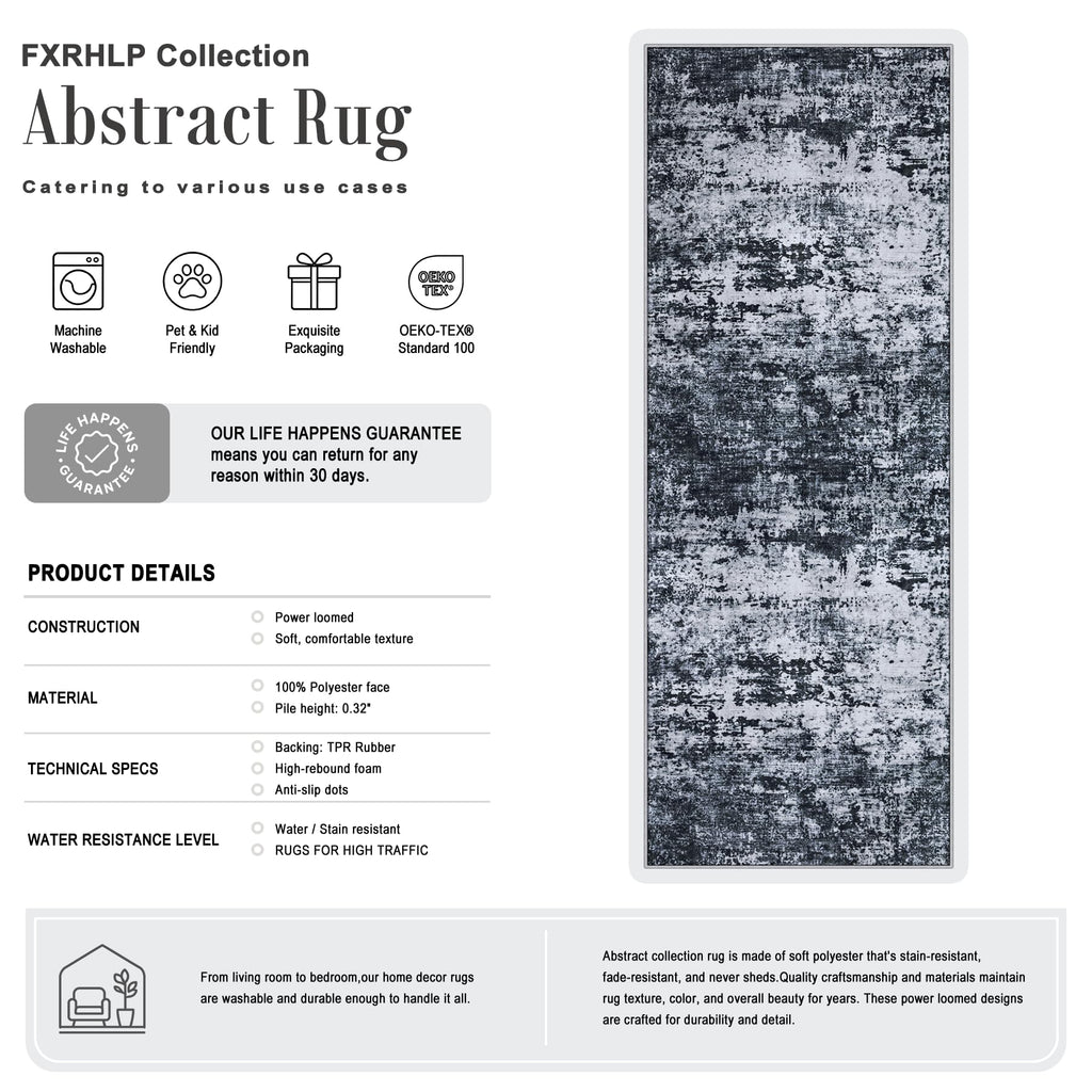 2.6x14 Washable Runner Rug:Modern Abstract Indoor Carpet Black