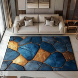 Marble Tiles Rug, Stone Tile Area Rug, Blue and Gold Geometry Marble Rugs