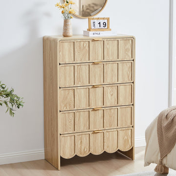 5 Drawer Dresser, Modern Closet Chest of Drawers with Wave Fluted Drawer, Wood Storage Small Dresser Organizer