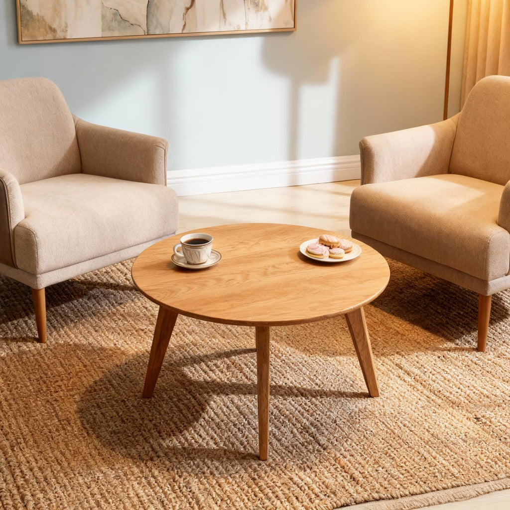 100% Solid Oak Wood Mini Coffee Table, Round Living Room Table Side Table w/Solid Wood Legs, Natural Minimalist
