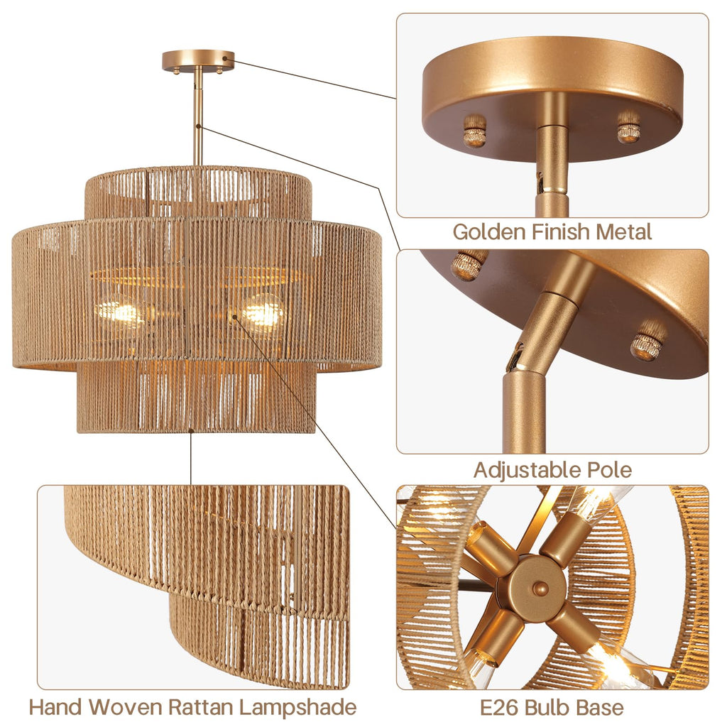 24'' Boho Rattan Chandelier, 4-Light Hand-Woven Wicker Pendant Lamp, Rustic Modern Ceiling Light Fixture Island
