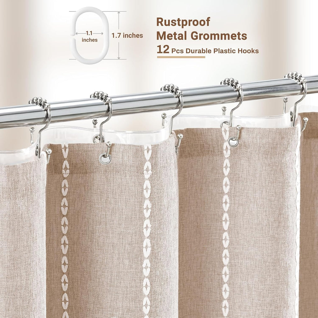 3 in 1 Tan Boho Linen Striped Shower Curtain with Liner, Taupe, 72x72 | Waterproof Clear PEVA Liner, 330GSM Heavy