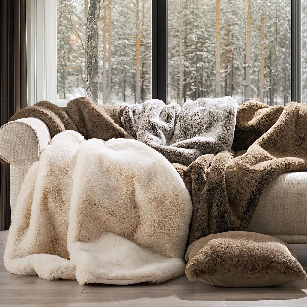 Faux Chinchilla Fur Throw Blanket, 50"x60", Brown Sable | Luxury, Super Soft, 1220GSM, Fluffy Cozy Mink, Reversible