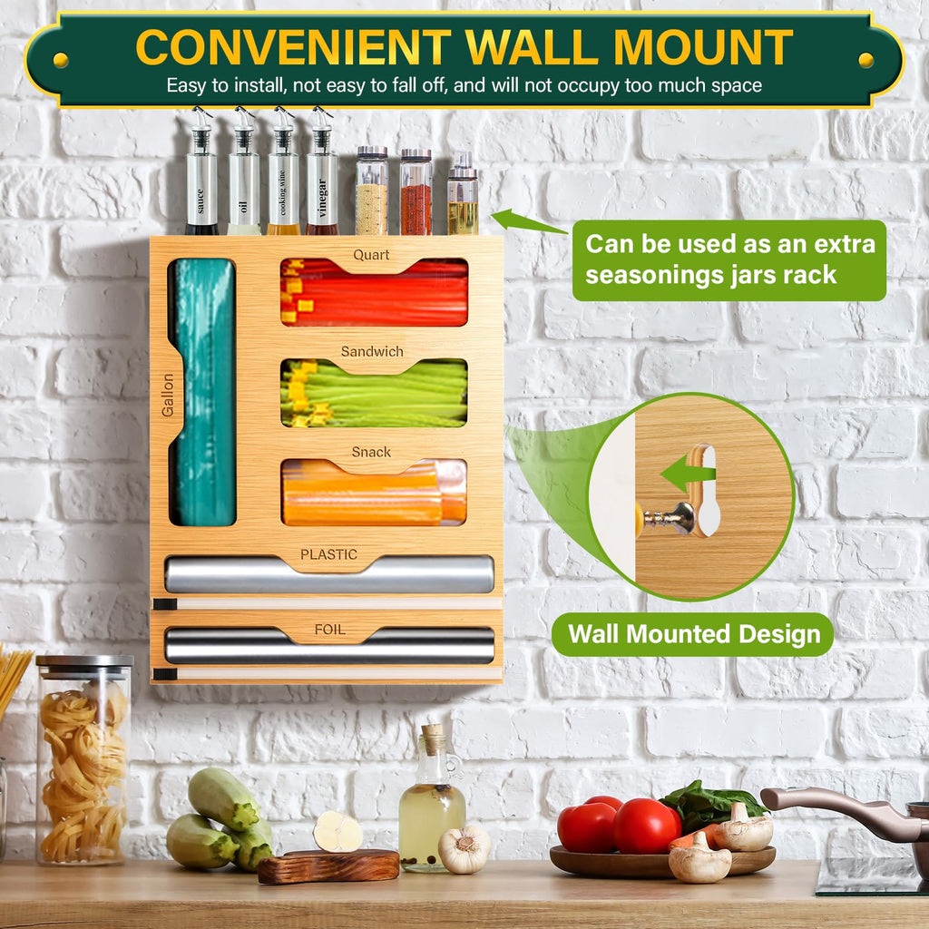Bag Organizer and Plastic Wrap Dispenser with Cutter, 6 In 1 Bamboo Foil and Plastic Wrap Organizer Drawer, Food