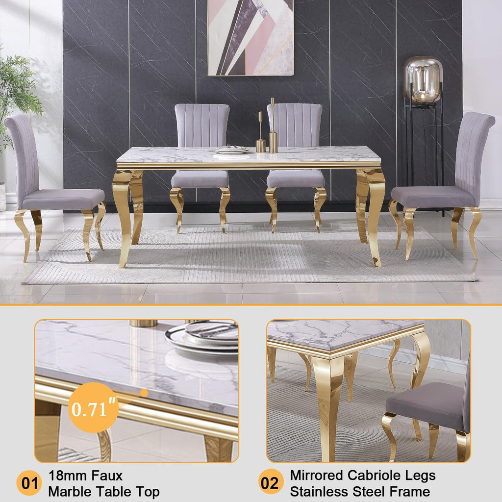 Marble Dining Table for 4 6, 68 Inch White Gold Kitchen Table with Faux Marble Top & Cabriole Stainless Steel Legs