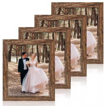 8x10 Picture Frame Set of 4, High Definition Glass Brown Frame, 8 x 10 Wood Rustic Picture Frames for Horizontal or