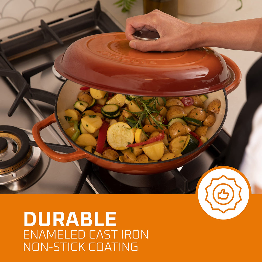 Cast Iron Dutch Oven Pot with Lid - 3.8 Qt Shallow Braising Pan with Handles for Stews - Enameled Casserole Dish