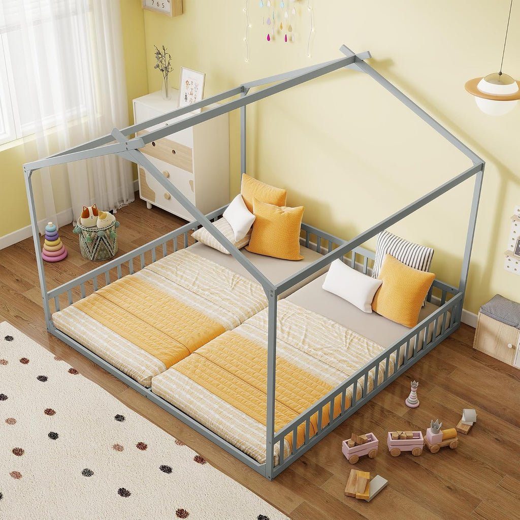 Double Tw Floor Bed for 2 Kids with Guardrails, Grey