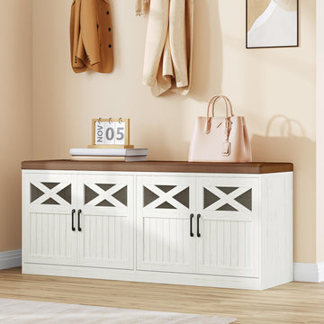 47.2" Shoe Storage Bench with 4 Barn Doors & Padded Seat Cushion