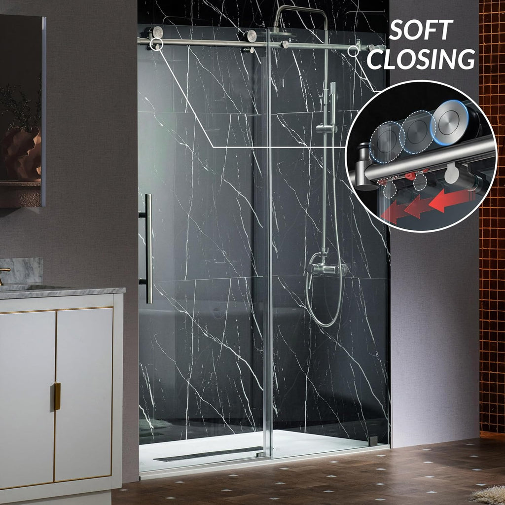 57.5-60" Wx76 H Soft Close Frameless Shower Door, 3/8"(10mm) Explosion-Proof Tempered Glass, Brushed Nickel Finish