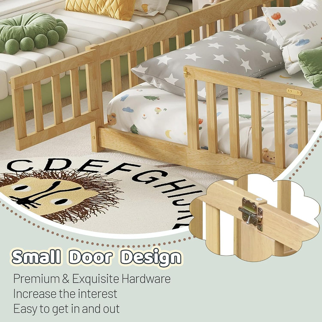 Floor Bed with Safety Guardrails for Kids, Rubber Wood Montessori Bed with Slats and Convertible Door