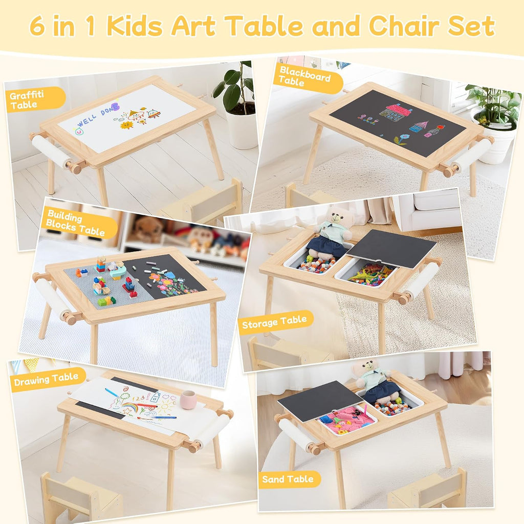 Sensory Table and Chair for Toddlers 2-8, Wood Kids Activity Tables with Storage Bins, Toddler Play Table with Roll