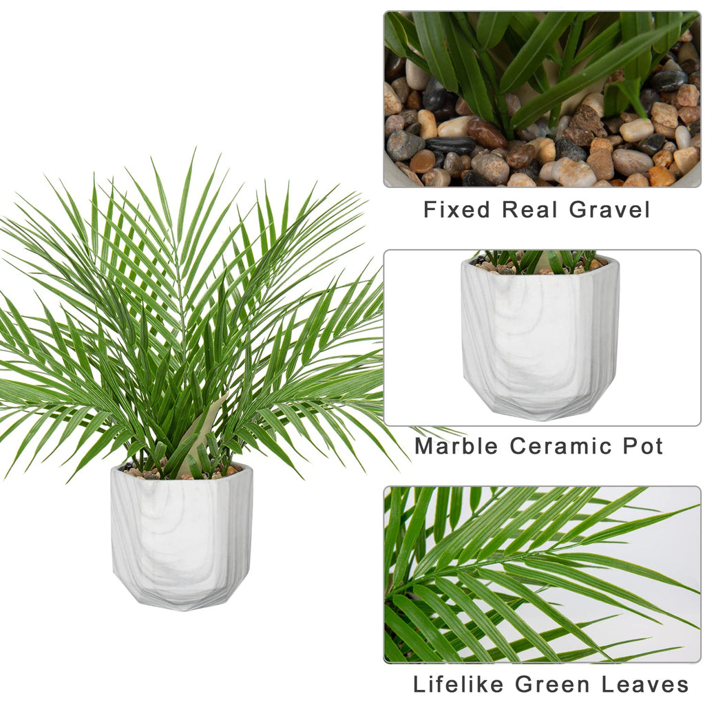 Large Artificial Potted Plants Fake Palm Plants 16" Faux Green Plant Plastic Tropical Palm Tree in Marble Ceramic